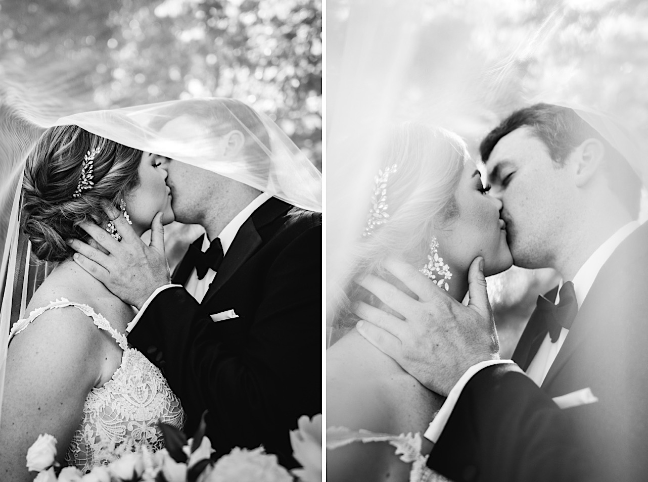 groom holds bride's face and kisses her under her sheer veil