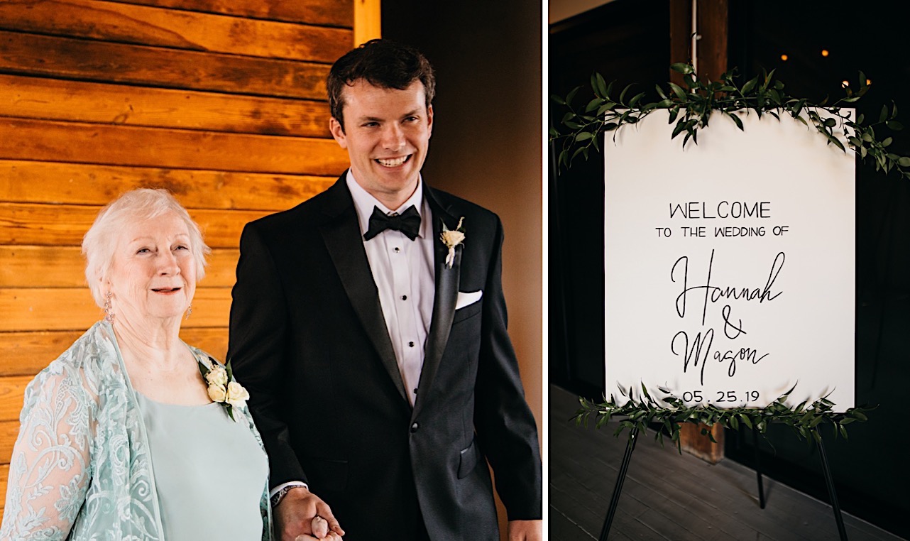 groom smiles as he escorts his grandmother down the aisle to her seat