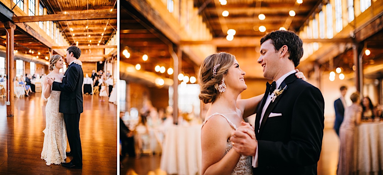 bride and groom dance under exposed rafters and large windows at their wedding reception at The Turnbull Building