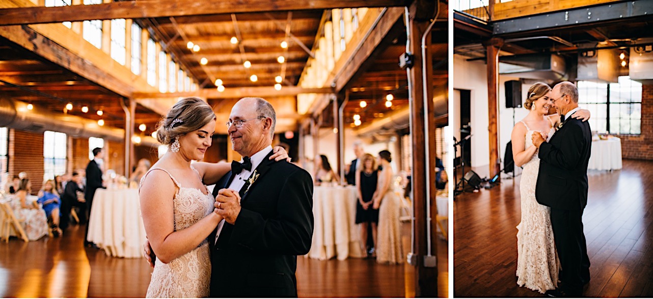 bride dances with her father under exposed rafters and large windows at her wedding reception at The Turnbull Building