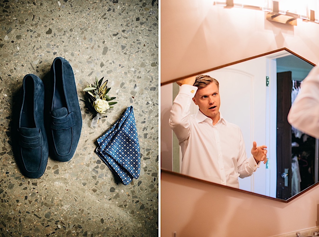 A flat lay of blue suede shoes, a boutonnière, and a blue spotted handkerchief.