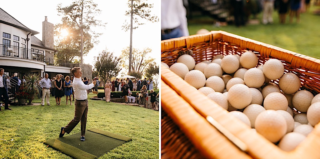 A wedding guest hits a golf ball on a lawn at a big backyard wedding.