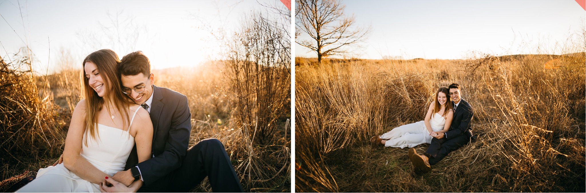 Man and woman snuggle up in a field of tall brown grass.
