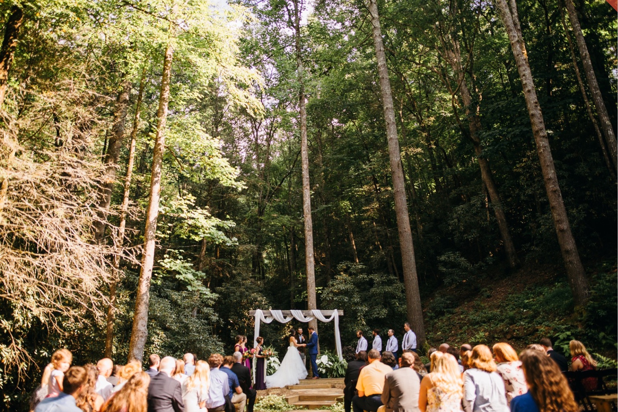 The bride and groom stand hand-in-hand at the altar in the forest.
