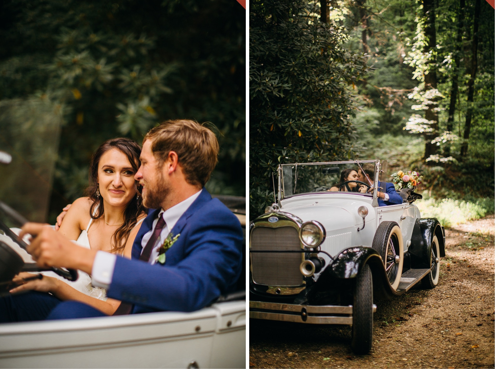 The bride and groom snuggle up and share a kiss in a vintage white car in the woods.