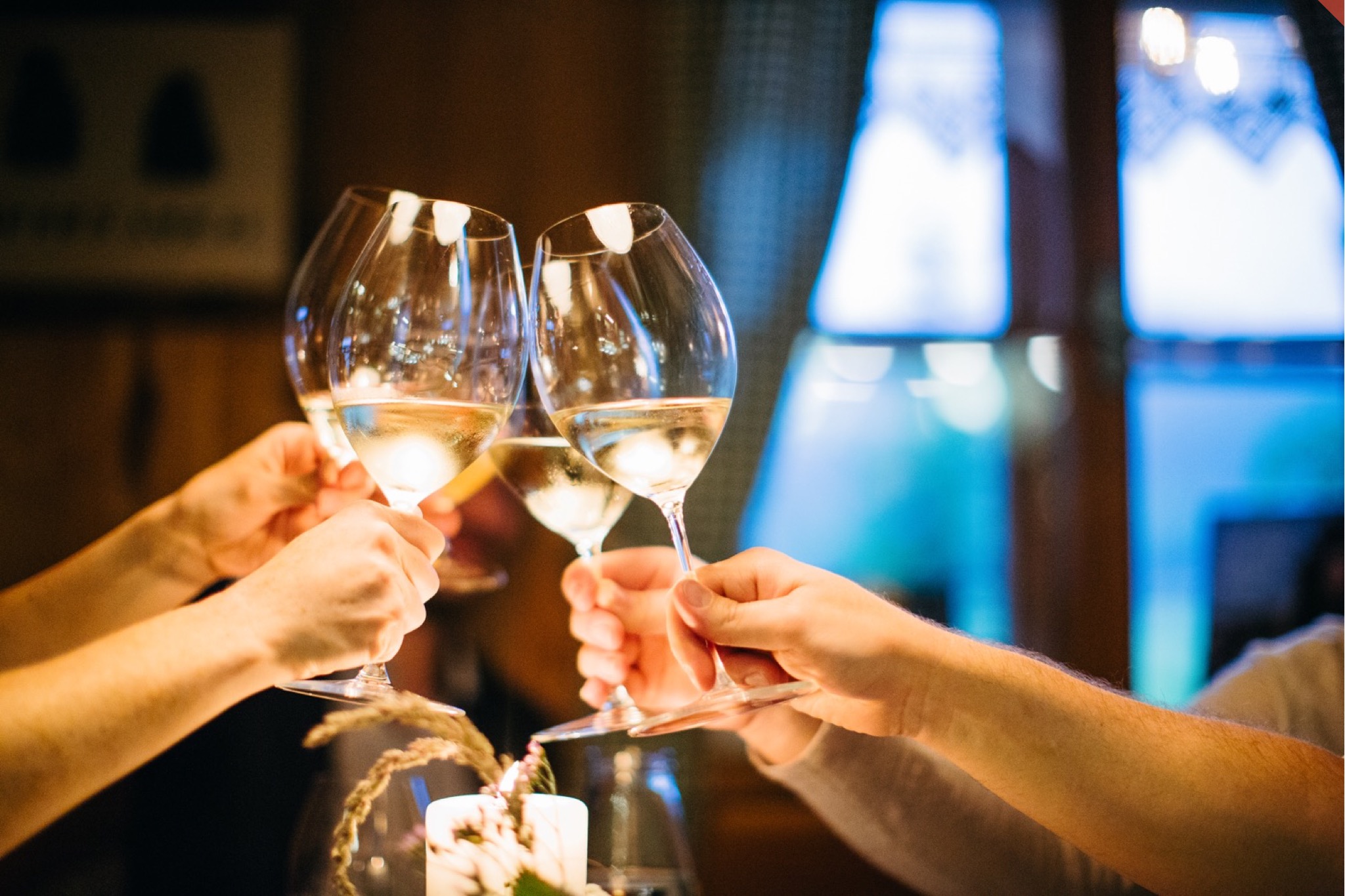 Guests cheers with white wine.
