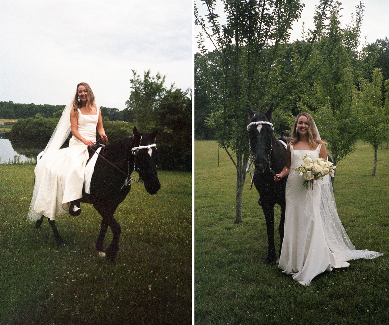 The bride poses on the back of her black horse.