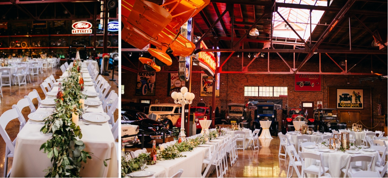 A vintage car museum decorated with white banquet-style tables.