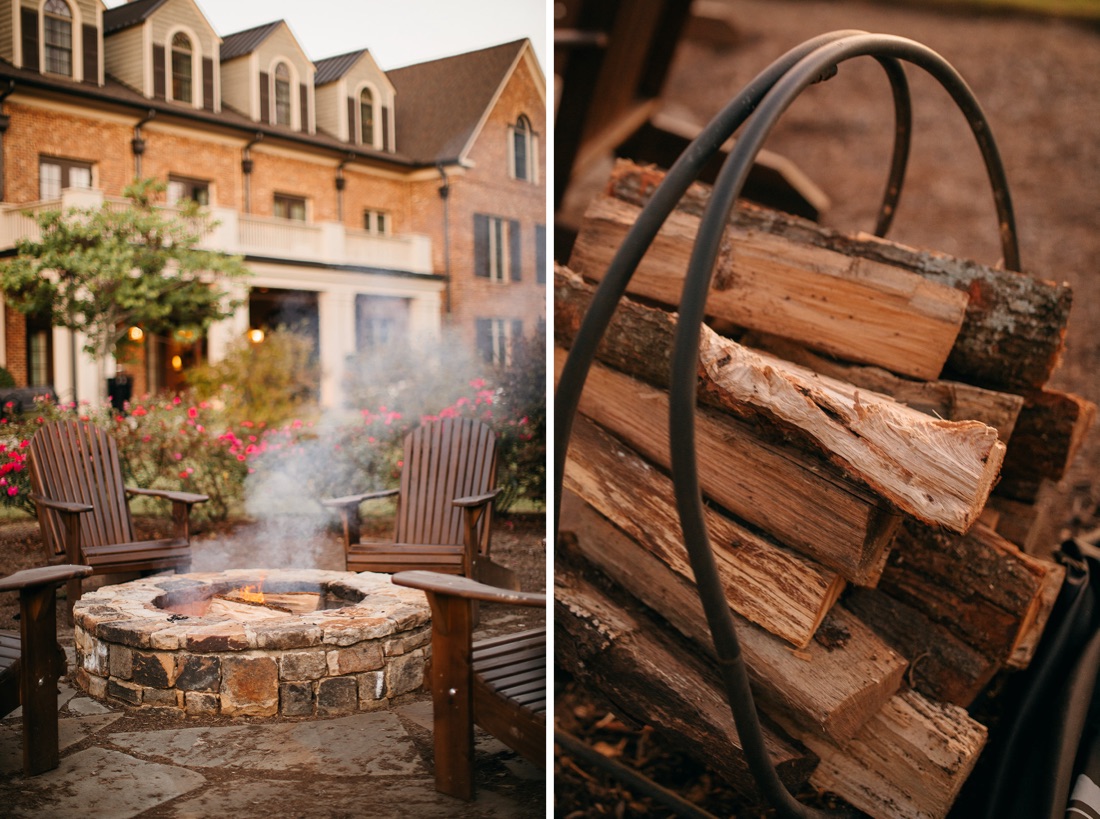 Barnsley Resort Wedding Photographer shares the real wood fire pits outside to keep guests comfortable