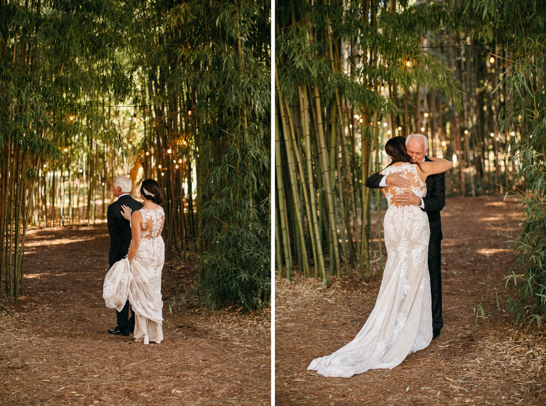 Barnsley Resort Wedding Photographer shares a teary eyed first look between father and daughter in the bamboo garden
