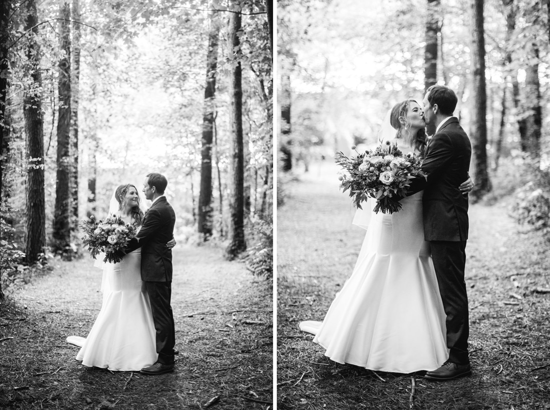Hiwassee River Weddings & Events Photographer shares a black and white image of the couple in a fairytale light setting, with the lighting behind the couple creating a magic effect as the newlyweds gaze into each others eyes