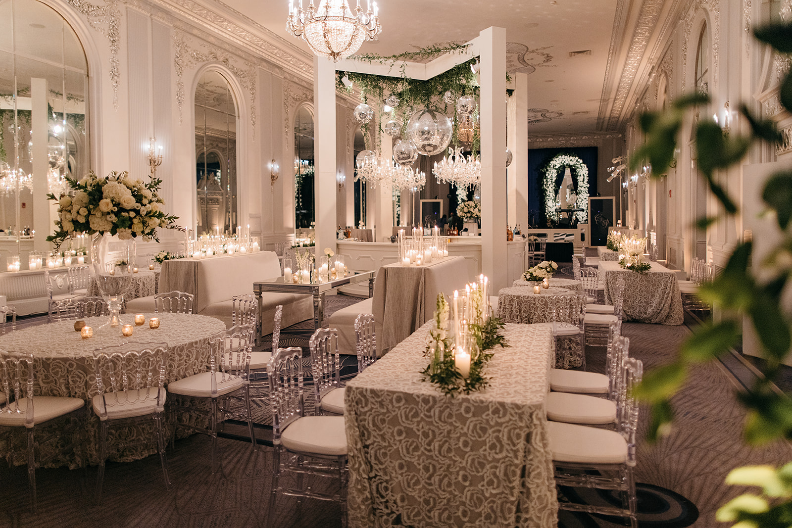 The Read House Chattanooga's elegant ballroom with Waterford Crystal chandeliers and candles