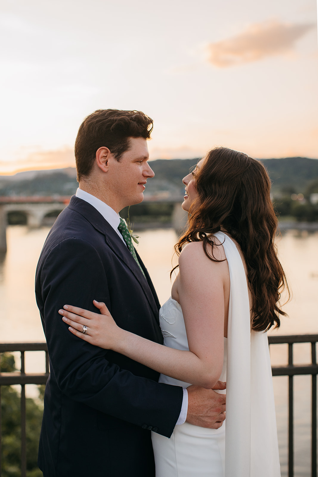 Intimate bride and groom portrait in soft light at an outdoor wedding venue in Chattanooga, TN. 