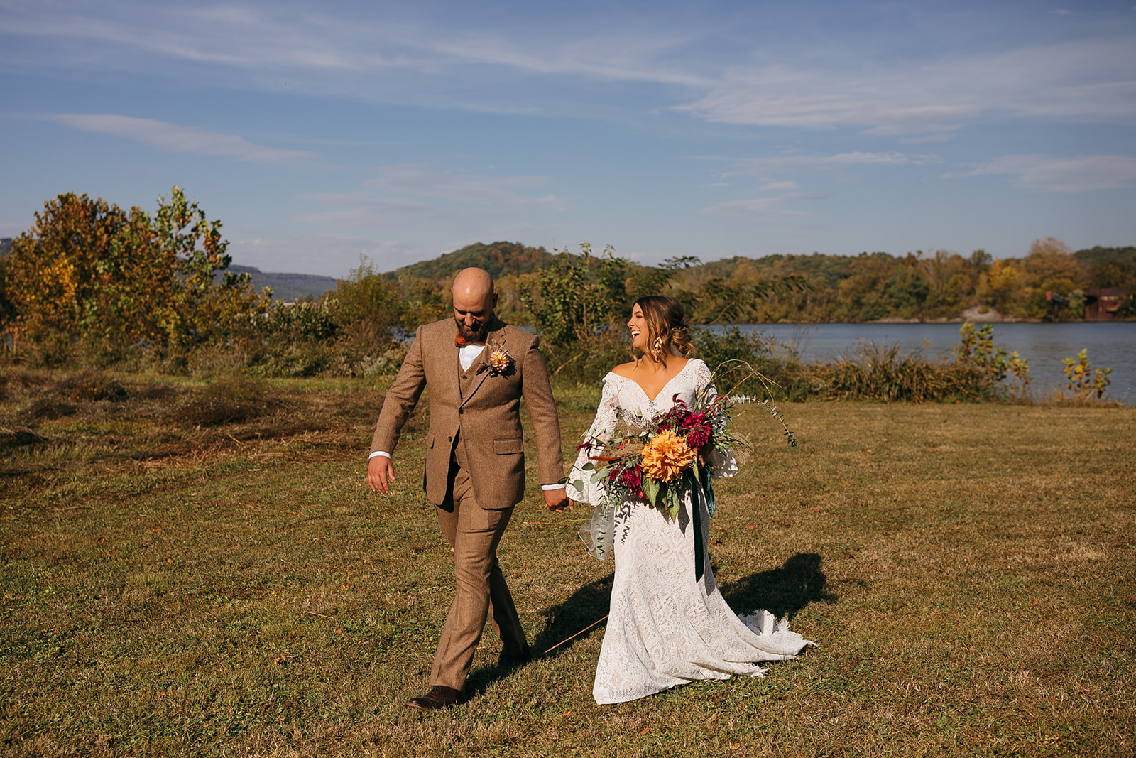 Bride and groom portrait with mountain and lake views at outdoor wedding venue in Chattanooga, TN