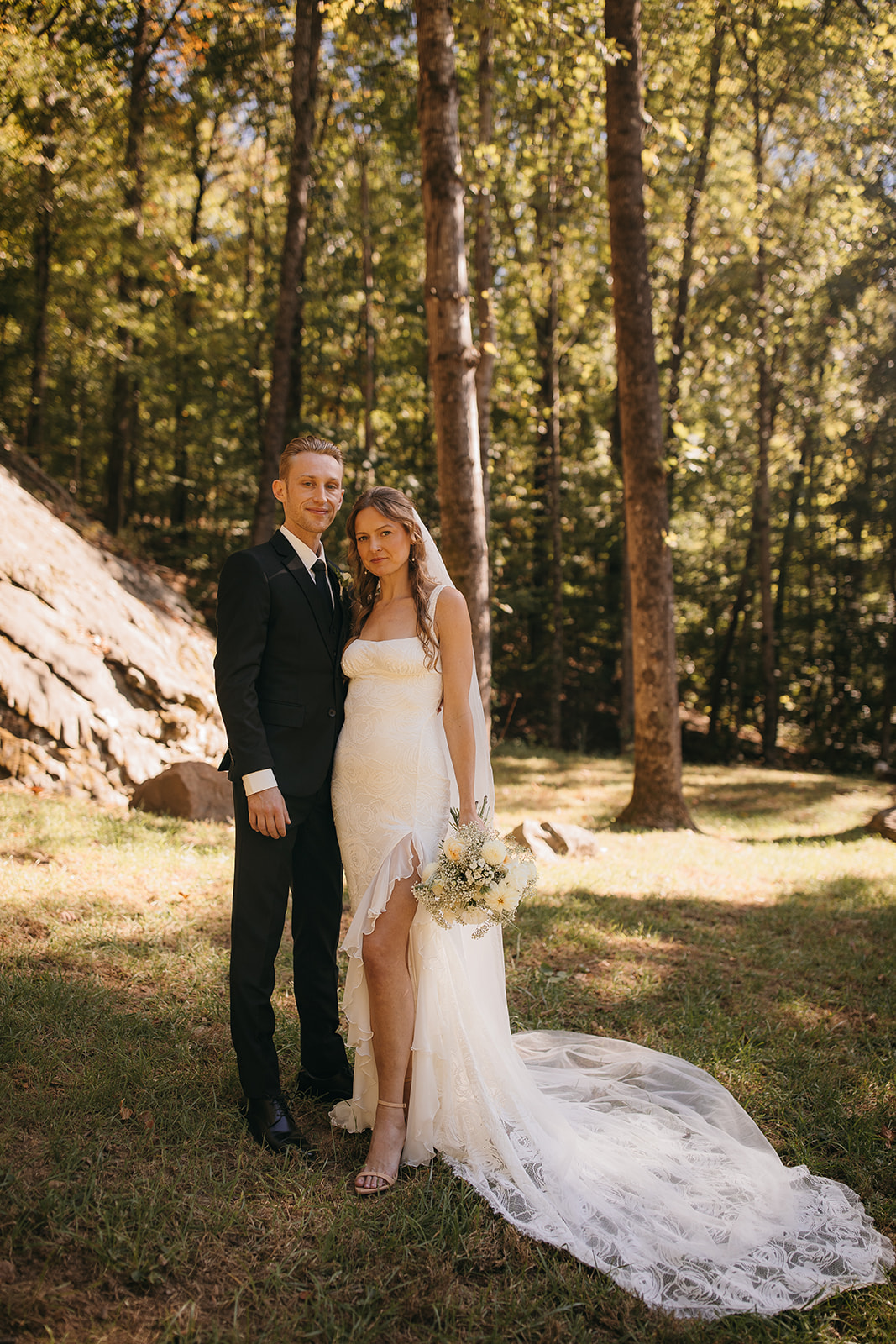 Bride and groom portrait in forest area at an outdoor wedding venues near Chattanooga, TN. 