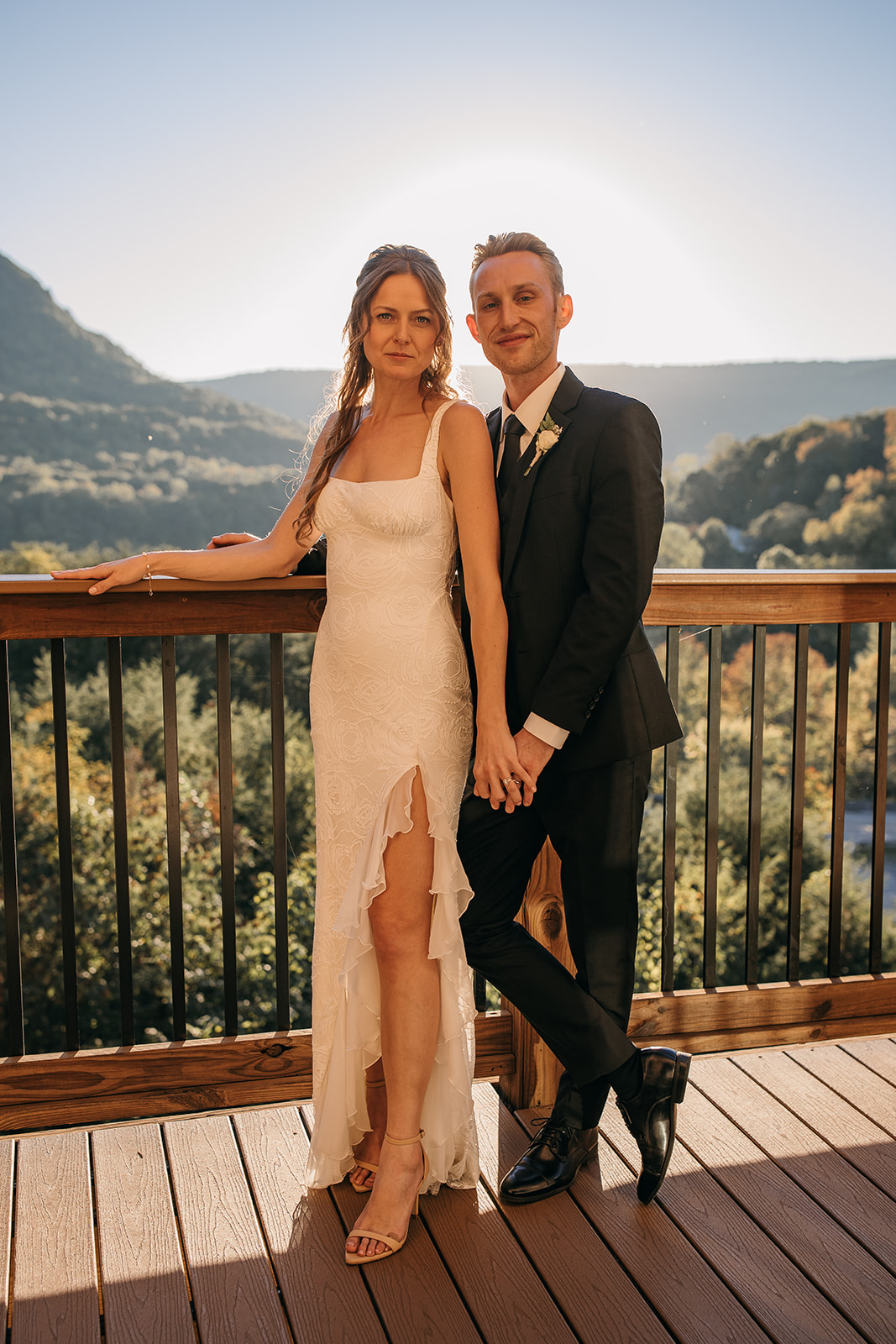 Bride and groom portrait in soft light and mountain views at outdoor wedding venue in Chattanooga TN. 