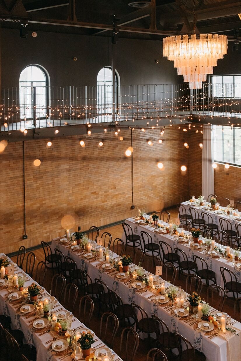 ruby hall at common house chattanooga with fairy lights and chandelier