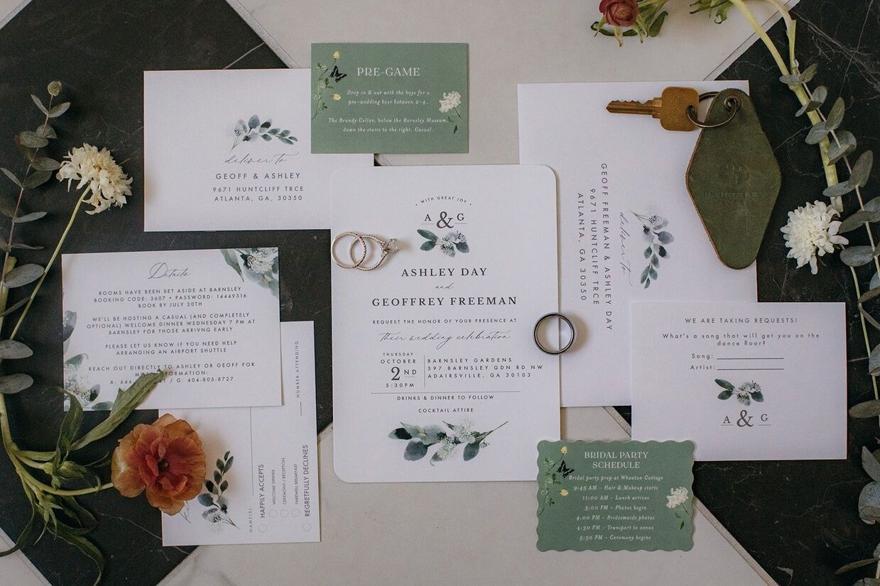 Invitations that are green and white for a Barnsley Gardens wedding