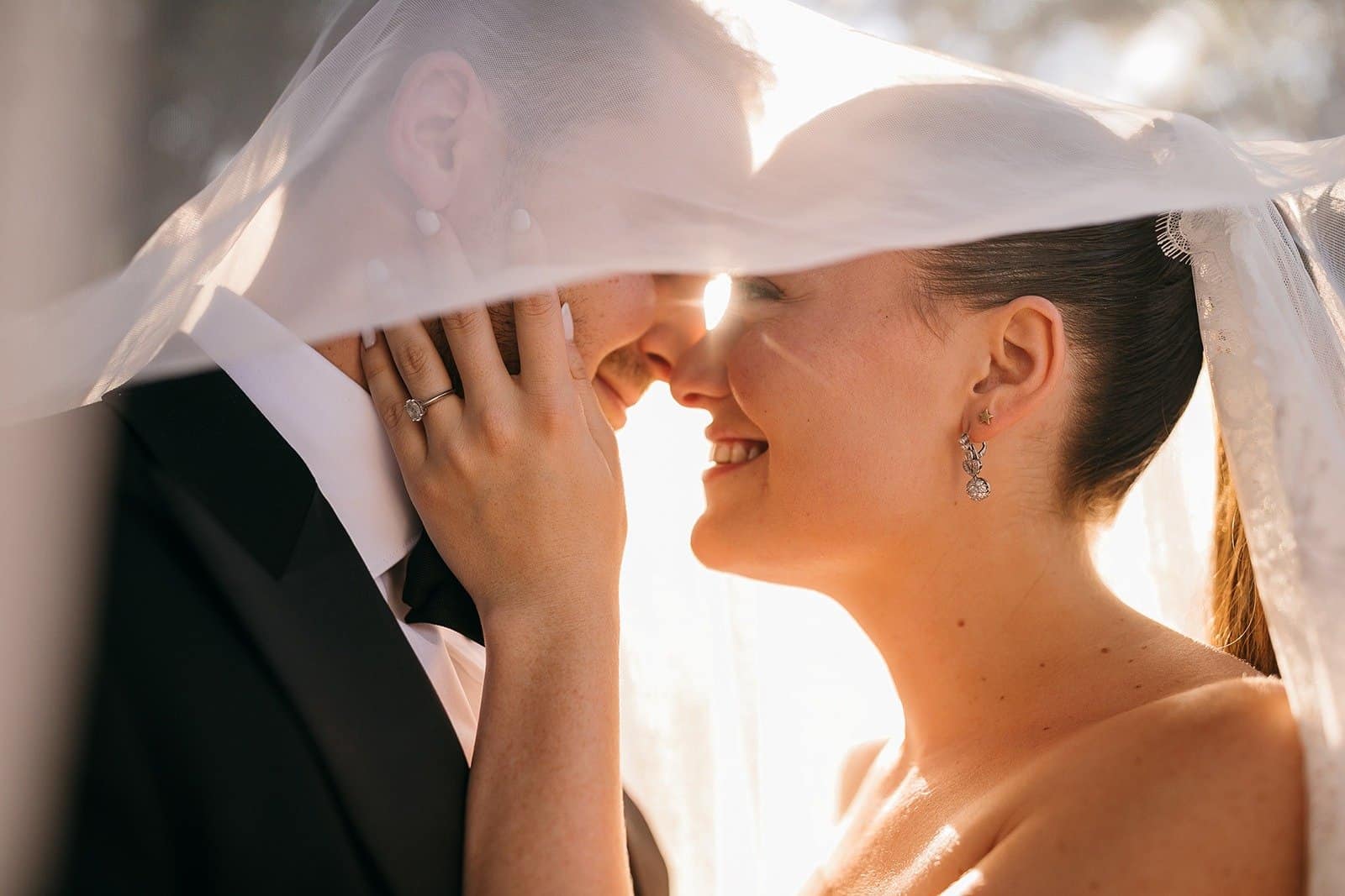 bride and groom under veil